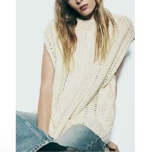 Zara Cream Chunky Knit Wool Blend Sweater‎ Vest Size Large